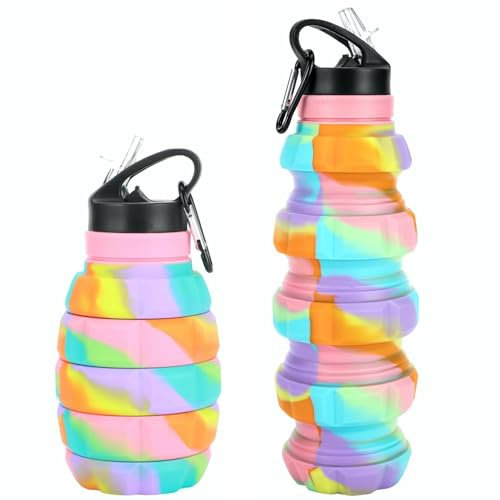 PenghaiYunfei Collapsible Travel Water Bottle 19.6 oz, Reusable Silicone Collapsible Water Bottle for Gym Camping Hiking Fmaily School Office Portable Leak Proof Sports Bottle with Carabiner.(Candy)