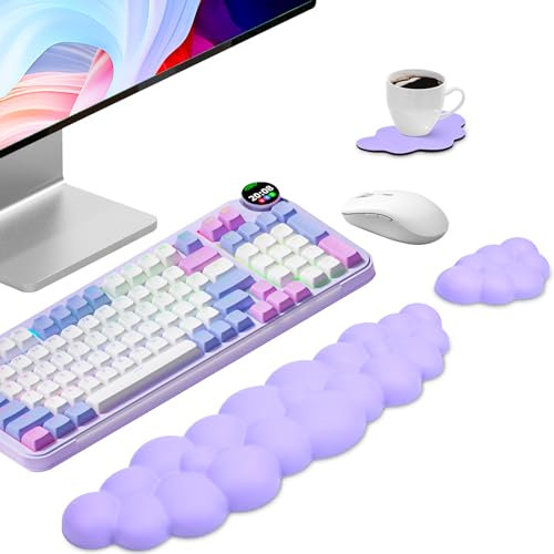 Pystuvo Cloud Keyboard and Mouse Support, Soft Ergonomic Memory Foam Wrist Rest Set, Non-Slip Coaster, Purple