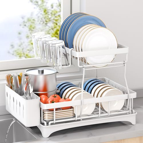 Kitstorack Escurreplatos, De 2 Niveles Grande Escurreplatos sobre Fregadero, Escurridor De Platos con Bandeja Recogegotas Y Portacubiertos para La Vajilla, Blanco