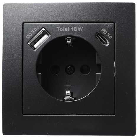 Toma con 1x USB-C - Carga rápida de 18W + 1x USB-A | ESTILO | 250V~/16A, toma de pared de empotrar con protección de enchufe negro mate