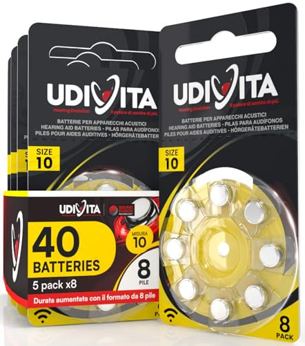 40 Batterien für Hörgeräte Udivita Größe 10 PR70 (Gelb) Zink-Luft und Phono Pulse Technologie - 5 Blister mit 8 Batterien