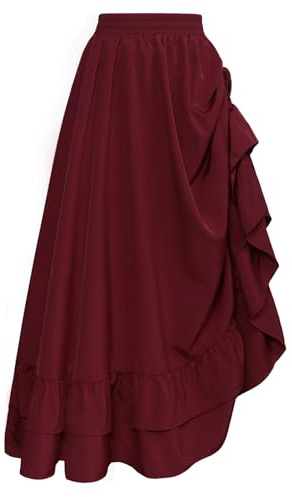 SCARLET DARKNESS Women's Steampunk Maxi Skirt Elastic High Waist Tiered Skirt Adjustable Double-Layer Ruffle Skirt
