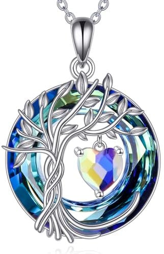 POPLYKE Lebensbaum Geburtstein kette für Damen 925 Sterling Silber Baum des Lebens Schmuck Aurora Borealis Anhänger April Geburtstein Edelstein mit Kristall Weihnachten Geschenke für Mutter Ehefrau