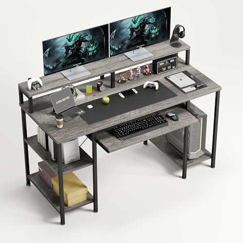 Escritorio para ordenador de 120 cm, escritorio para videojuegos con bandeja para teclado, soporte completo para monitor, compartimentos de almacenamiento, mesa de estudio, escritorio ancho para 2