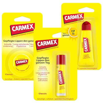 Carmex Classic Stick, Tube und Tiegel - Lippenpflege für trockene Lippen, Lippenbalsam feuchtigkeitsspendend und beruhigend für rissige Lippen, mit Vaseline, Vitamin E und Bienenwachs - (3er Set)