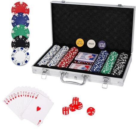 homeguru Pokerset inkl. 2X Pokerdecks, 5X Würfel, Dealer/Small Blind/Big Blind Button, Pokerspiel Alu Pokerkoffer mit 300 Chips Laser Pokerchips Set, Kartenspiele Aluminium Kasino Silber