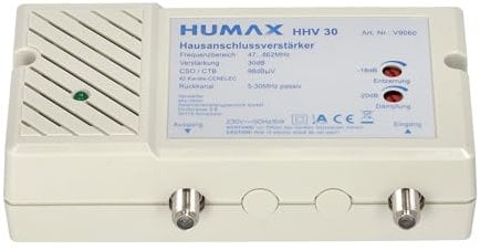 HUMAX DIGITAL Hausanschlussverstärker mit 4 Watt Leistungsaufnahme, Antennenverstärker für Kabelfernsehen mit Energiesparendes Schaltnetzteil, SAT Verstärker mit Netzteil und 7.5 dB Rauschmaß
