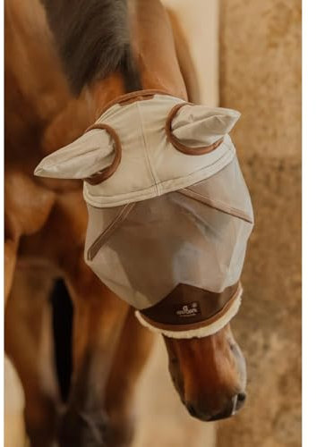 Fliegenmaske Pferd Cob mit Ohren – Hautfreundlich mit Kunstlammfell, UV-Schutz & Insektenschutz, atmungsaktives Mesh, Verstellbarer Klettverschluss, langlebig & waschbar, Silber