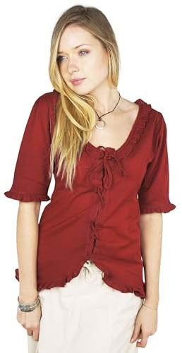 Leonardo Carbone® Damen Bluse Kurzarm-Rüschenbluse Bea | Raffinierte Schnürung | Verzierende Rüschen | Karneval, Halloween, Cosplay, LARP, Mittelalter, Kostüm | 100% Baumwolle Weinrot 2XL