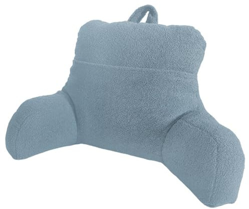 Reading Support Cushion – 50cm x 75cm Teddy Fleece Backrest Pillow, 30cm Deep Pocket, Hollowfibre Filling, Arm & Postural Support for Bed or Armchair, Portable Handle, Light Blue, Made in Britain