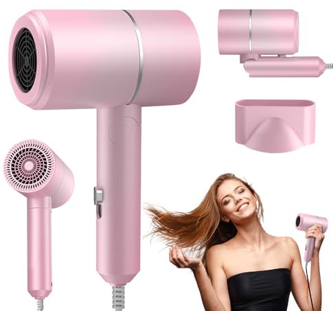 Vmxlso Travel Hair Dryer, Fast Drying Ionic Hairdryer, Foldable Travel Hairdryer with Concentrator, Portable Small Blow Dryer, Travel Hairdryers for Women and Men, Hair Dryers for Home Travel (Pink)
