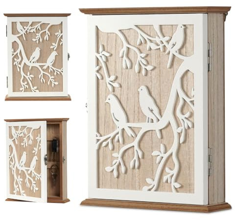 Fouvin Armoire à clés Design en Bois, 20 x 6 x 26,5 cm, Motif clé, Armoire à clés Murale décorative avec 6 Crochets, Organiseur Mural pour entrée, Couloir, Bureau - Décoration Ethnique