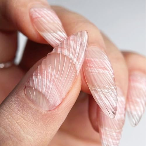 TELAIN Lot de 24 faux ongles 3D en acrylique, forme coquillage courbe, amande moyenne, coquillage océan, rose brillant, pour femmes et filles
