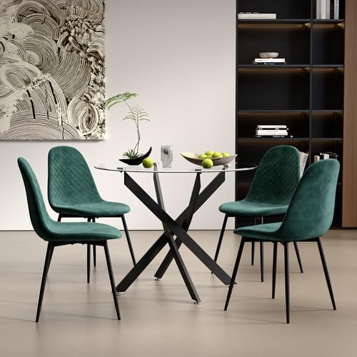 AOYA Table à manger avec 4 chaises - Design rétro - Table de cuisine ronde en verre - Pour salon et salle à manger - Convient pour 4 personnes - Noir - 80 cm (4, vert)