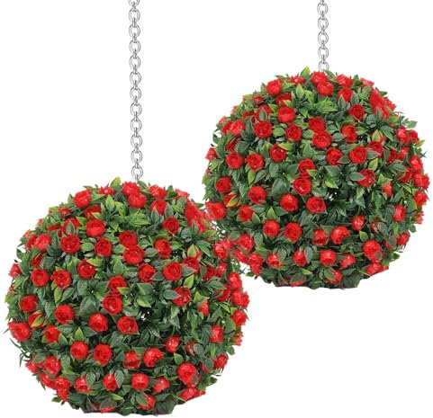 Artificial Boxwood Balls with Flowers, Artificial Boxwood Balls | Grass Spheres Decorative Balls, UV Resistant Hanging Decorations for Indoor Outdoor Garden