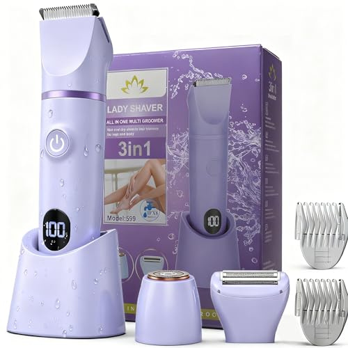 XkuiHF Rasierer Damen, 3 in 1 Damenrasierer Elektrischer, Haartrimmer für Frauen, Körpertrimmer Intimrasierer Bikini-Trimme, IPX7 Wasserdicht Nass/Trocken,Rasieren für Körper(Purper)