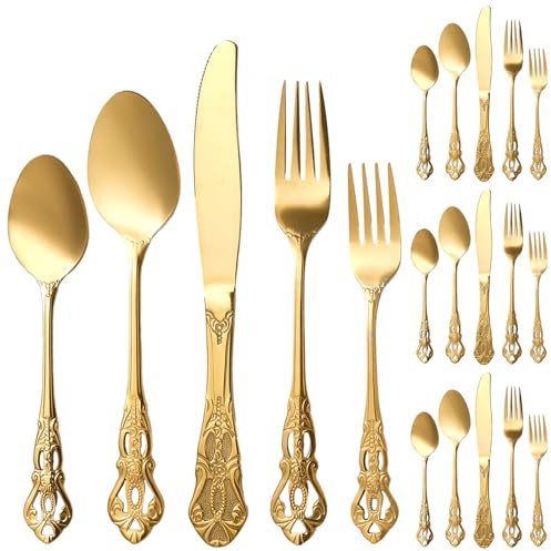 Set di posate da 4 pezzi in acciaio inox dorato, stile vintage goffrato, con manico scavato, set di posate Royal in acciaio inox, colore oro opaco, per feste di nozze, lavabili in lavastoviglie