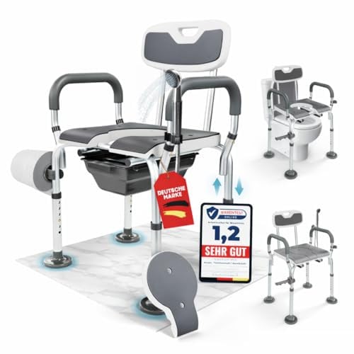 3-in-1 Toilettenstuhl mit Eimer, Rücken- und Armlehnen, höhenverstellbar | Toilettenstuhl, Toilettensitzerhöhung & Duschstuhl, Sitzhöhe 40-52 cm, bis 136 kg, entlastet Pflegende, Medizinprodukt Kl. I