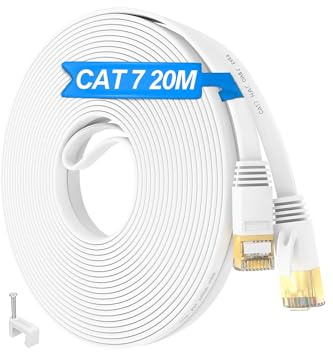 Hombella Ethernet Cable 20m Cat 7 Flat – High Speed LAN Cable 10Gbps 600MHz SFTP Shielded RJ45 Internet Cable for Router, PC, Smart TV, Gaming, Modem – White with Installation Clips