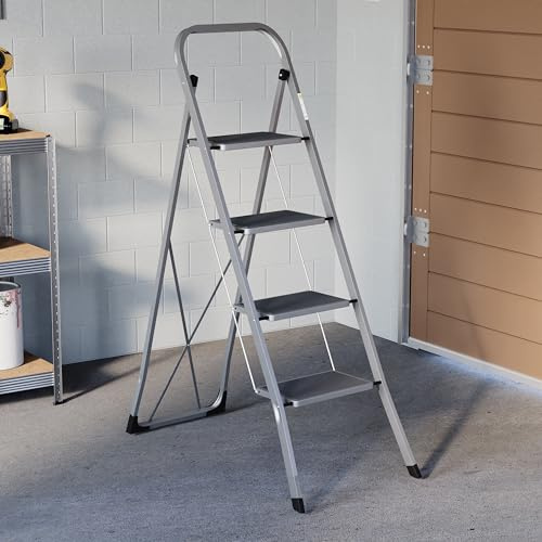 Home Vida 4 Step Ladder - Heavy Duty Steel Folding Ladder with Slip-Resistant and Wide Steps, Folding Mechanism, 150kg Max Load, Home/Kitchen/DIY/Garden Use, Grey