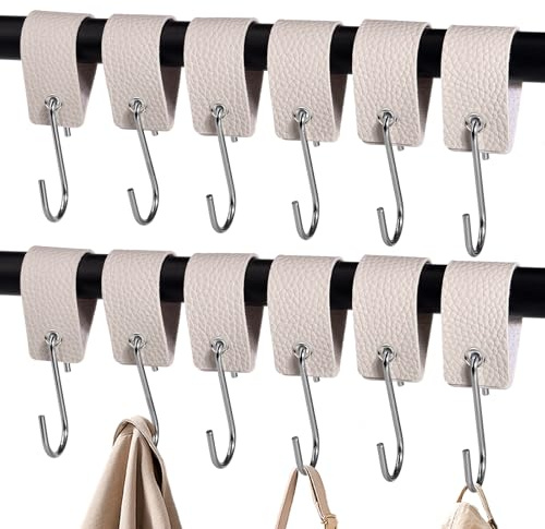 XHTXHT 12 Stück S Haken mit Lederschlaufe,haken für Kleiderstange Haken Garderobe Kleiderhaken Edelstahl für Garderobe Küche Badezimmer Camping (Grau)