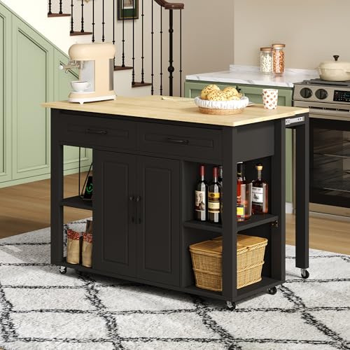 Merax Isla de cocina con encimera plegable, carrito de cocina móvil con 2 puertas, 2 cajones, barra de bar de 110 x 27 cm y enchufes integrados mejorados, 120 x 77 x 93 cm, color negro