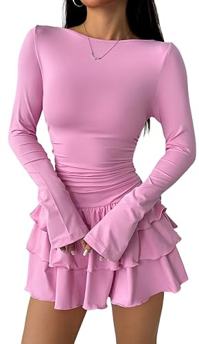 Belriviere Women Long Sleeve Mini Dress A-Line Ruched Cute Outfit Ruffle Tiered Hem Casual Short Dress for Party Night Out
