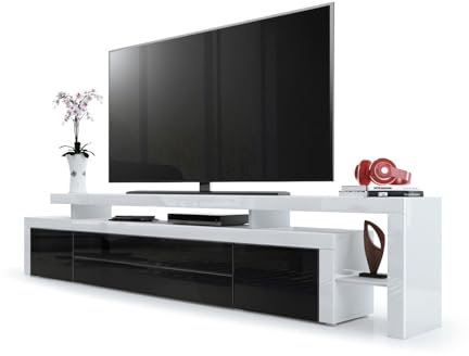 Vladon TV Board Lowboard Leon V3, Made in Germany, Korpus und Überbau in Weiß Hochglanz/Front in Schwarz Hochglanz mit Rahmen in Weiß Hochglanz (227 x 52 x 35 cm)