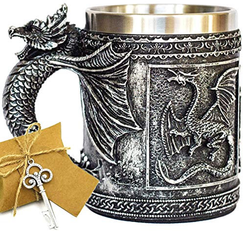 Mittelalterlicher GOT Dragon D&D Game Mug of Thrones Merchandise Bierkrug Wikinger Krug Becher Edelstahl Kaffeetasse Geschenk Tasse für Drachensammler Mottoparty Dekoration