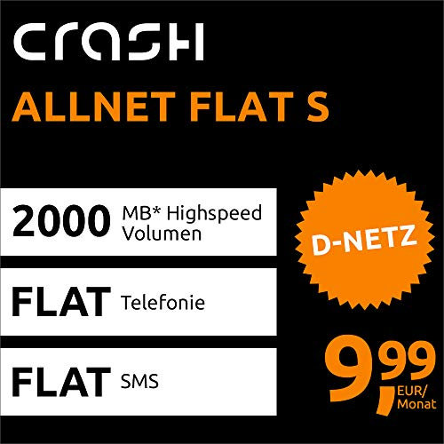 Crash Allnet Flat S mit 2 GB Internet Flat max. 21,6 MBit/s, Telefonie- und SMS-Flat in alle dt. Netze, EU-Flat, 24 Monate Laufzeit, 9,99 EUR monatlich