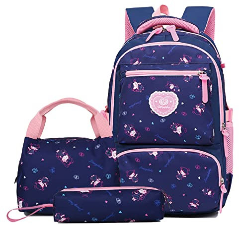 IvyH Schulrucksack Rucksack Mädchen Schultaschen Sets Schulranzen mit Lunch-Taschen Federmäppchen 3 Teile Set Freizeitrucksack Daypacks für Kinder/Grundschüler/Schüler der Mittelstufe/Teens -Blau