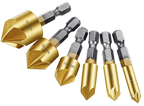 Saipor 6pcs 1/4'' Hex Shank HSS Countersink Drill Bit 5 Flute Countersink 90 Degree Chamfering Drill Bit for Wood DIY, 6/8/9/12/16/19mm