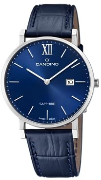 Candino Swiss Herrenuhr Analog aus Leder Blau C4724/2 | Quarzwerk, Kalender, Widerstandsfähiges Saphirglas