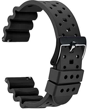 WOCCI 24mm Ventilé Bracelet de Montre pour Hommes, FKM Caoutchouc (Non Silicone), Boucle Noire (Noir)