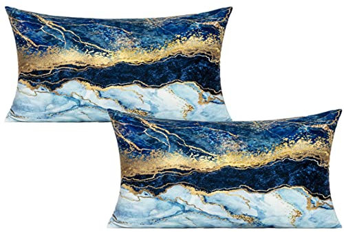 VAKADO dekorative Lenden-Kissenbezüge aus Samt, weich, in Marineblau und Gold marmoriert, für Außenbereich, Hausdekoration, für Meer, Sofa, Schlafzimmer, Couch, 30,5 x 50,8 cm, 2er-Set