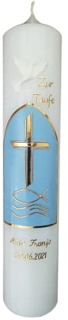 Taufkerze Jungen, Taufkerze Mädchen - Taufkerze Fisch Kreuz Blau Gold, Wachsmotiv, mit Namen und Datum