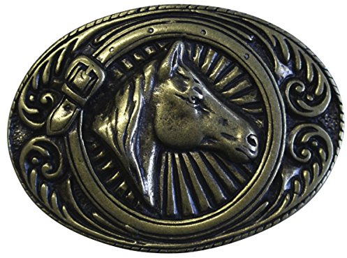 BELTINGER Gürtelschnalle Pferdekopf umrahmt 4,0 cm | Buckle Wechselschließe Gürtelschließe Reitaccessoires 40mm Massiv | für Reit-Outfit | Altmessing
