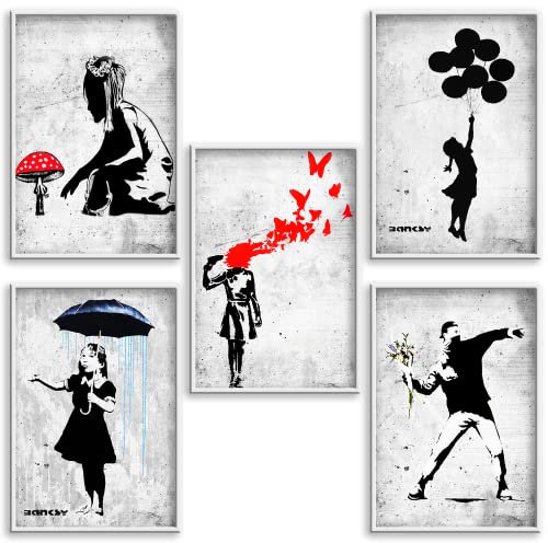 Boikal Collection Bilder Collage Wandbilder ohne Rahmen Poster Set Banksy - Regenschirm Mädchen - 5-teilig, 20 x 30 cm A4