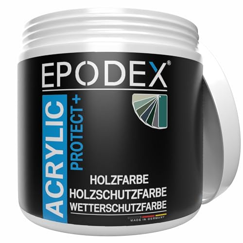 EPODEX ACRYLIC PROTECT+ Wetterschutzfarbe - Polarweiss | Flexible Holzfarbe, Zaunfarbe, Gartenhausfarbe & mehr, Tropffrei, Wetterfest, Innen & Außen, 1kg -8m² bei einmaligem Anstrich