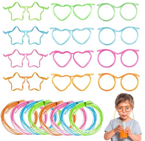 Strohhalme Wiederverwendbar,Forreen 12 Stück Trinkhalm Brillen Dumme Loop Flexible Neuheit Brillen Stroh für Kinder Jahrestreffen Geburtstag Party,3 Stile