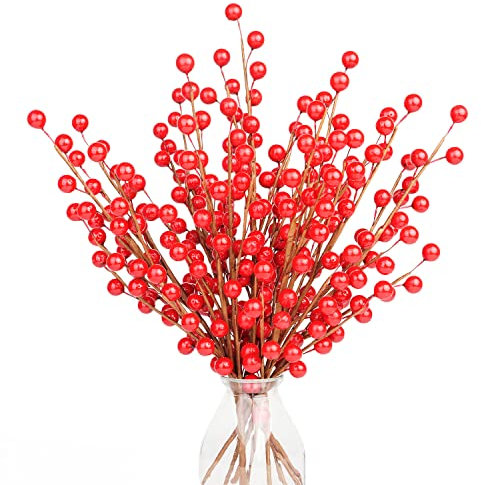 LOAVER Artificial Red Berry Stems, 12 Pcs 12.5 inches/ 32cm Christmas Tree Picks Twigs for Xmas Tree Ornaments Wreath DIY Holiday Home Decorations