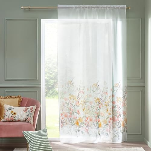 Catherine Lansfield Countryside Floral 140 x 229 cm Slot Top Voile Curtain Panel White