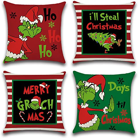 Ohok 4er Set Dekorativ Kissenbezug, Polyester Leinen Zierkissenbezüge Weihnachten Kissenbezüge Dekor Kissenhülle Set für Schlafzimmer Wohnzimmer Sofa Couch Auto (40x40 cm, HO HO HO)
