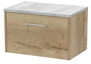 Hudson Reed JNU1822LBG Juno Modern Bathroom Wall Hung Single Drawer Vanity with Bellato Grey Laminate Worktop, 600mm, Woodgrain Autumn Oak