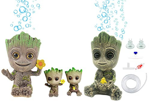 Huike Baby Groot Aquarium Dekoration Luft Sprudler Stein, Treeman Aquarium Luftblasenstein Blasendekoration Fischbecken Ornamente mit Schlauch und Steuerventile Zubehör, 4 Stück Groot Figur