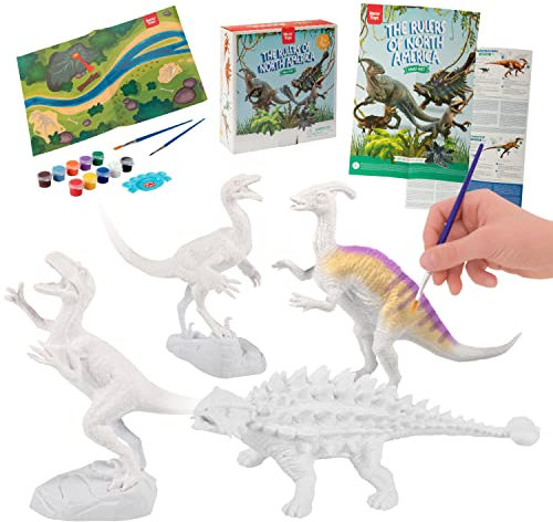 Nene Toys Dinosaurier zum Basteln & Malen für 3 4 5 6 7-jährige Kinder [Die Fürsten von Nordamerika] – Spiel-Set: 4 Dinosaurier, 2 Farbsets, 2 Pinsel, Lern-Poster, Spielmatte – DIY Dinosaurier