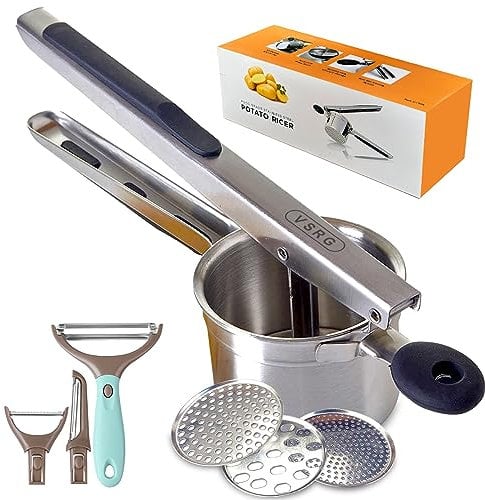 VSRG Potato Masher & Ricer, Stainless Steel with Silicone Handle & Dishwasher Safe! Heavy Duty Food Press for Mashed Potatoes, Fruits & Vegetables. Comes with a Complementary 3 in 1 Vegetable Peeler!