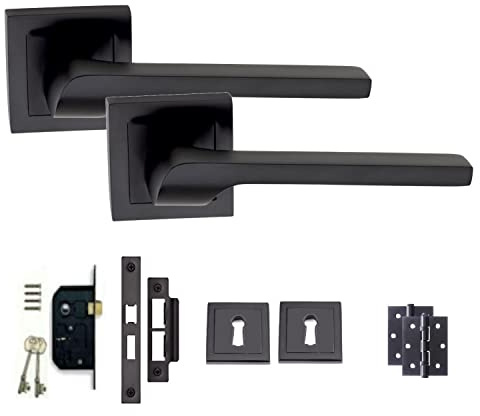 Golden Grace Sigma Door Handle Set with 64mm Latch, Matt Black Key Lock Set | Includes 3-inch ball bearing hinges, spindle, screws, and a thumbturn mortise lock for internal doors with a square rose.