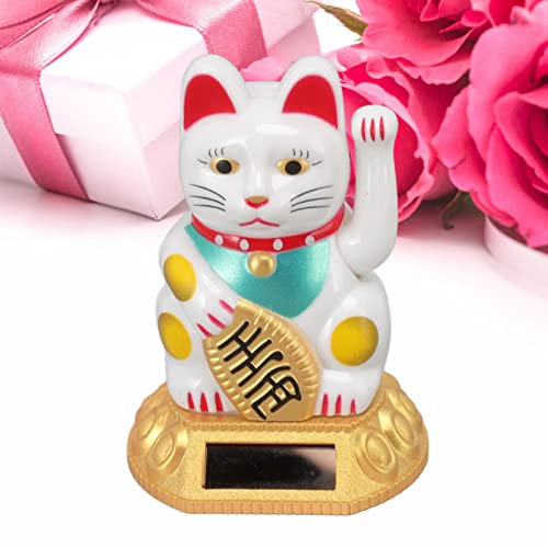 Tefola Décoration de Chat Porte-Bonheur Chinois, Bras agitant Le Chat Porte-Bonheur Fengshui, Figurine de Statue à Induction de lumière Solaire pour Les Ornements de Voiture à la Maison (White)