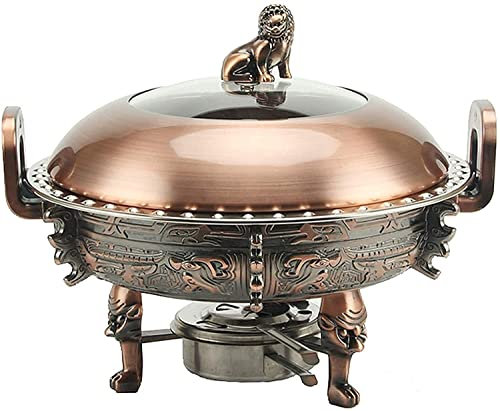 3L Round Chafing Dish, Stainless Steel Chafing Warmers Set with Food Pans, Aluminum Stand, Visible Pot Lid and Fuel Holders for Buffet, Weddings, Parties (Color : Bronze) (Red Copper)